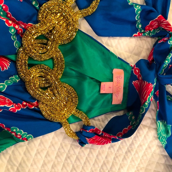 Lilly Pulitzer 100% silk blue and pink tassel dress with gold neckline + pockets - Picture 5 of 5